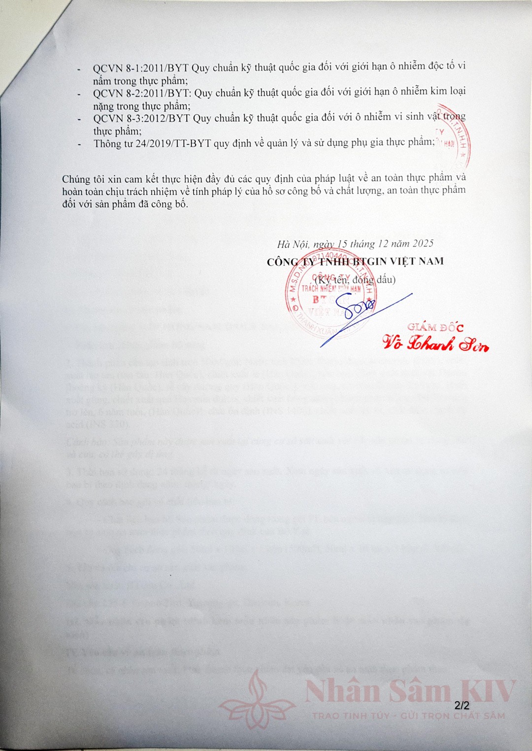 Bản công bố sản phẩm Gin Hồng Sâm Daily Balance 1